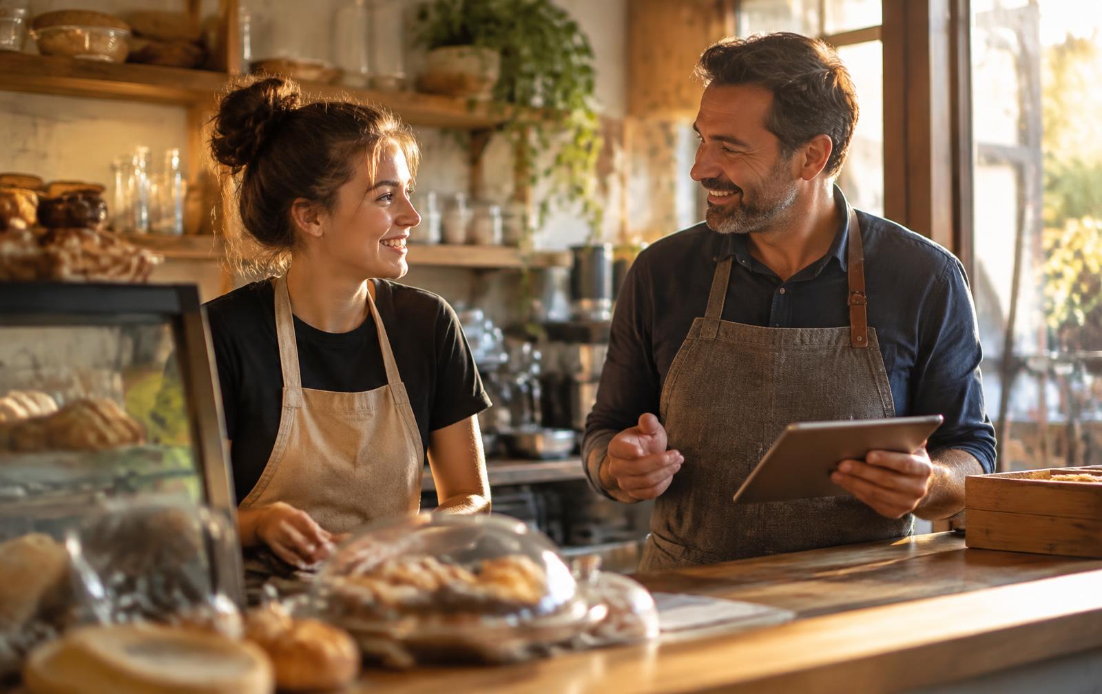 A small bakery owner chats with a smiling employee behind the counter