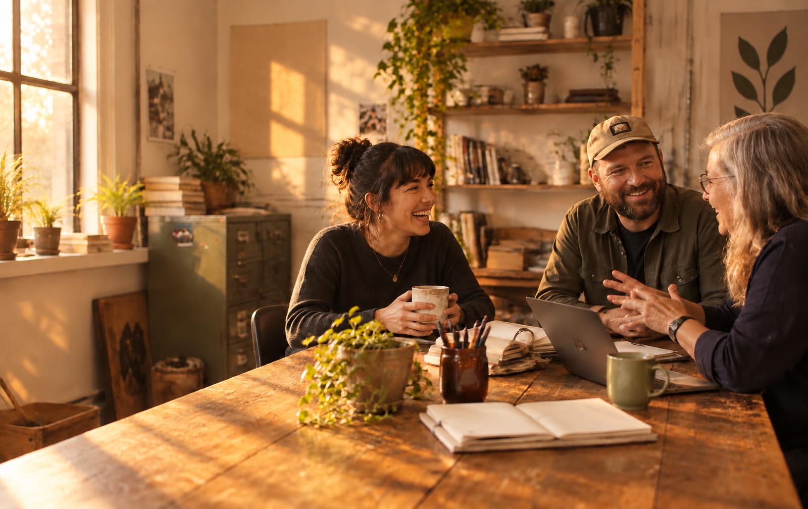 Small-business coworkers laughing together around a wooden table