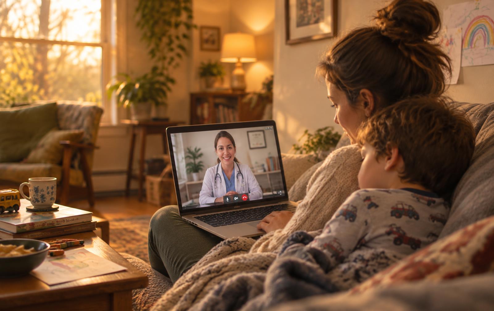 A mother and her young son on the couch during a telehealth visit