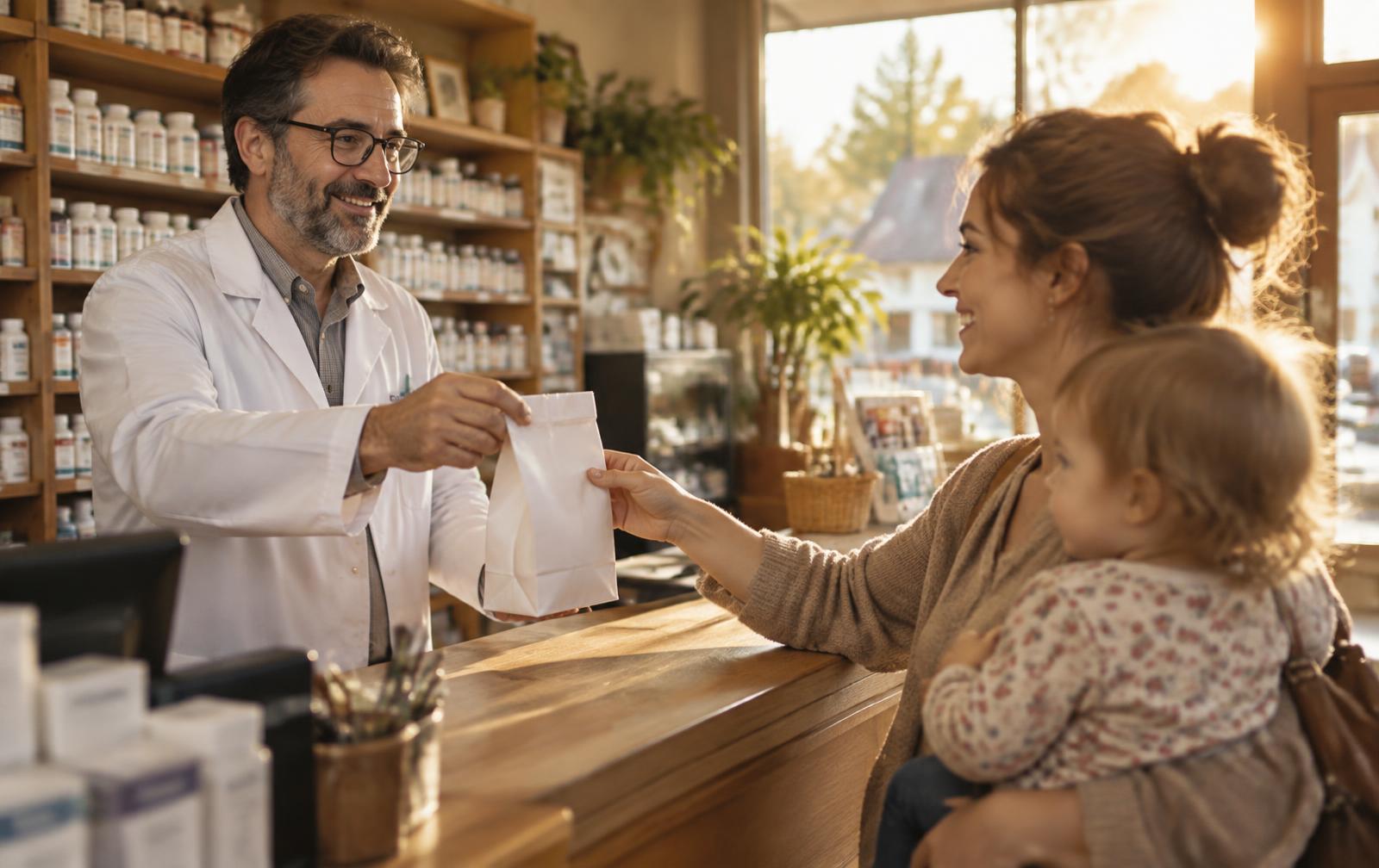 A pharmacist hands a prescription bag to a smiling mother holding her toddler