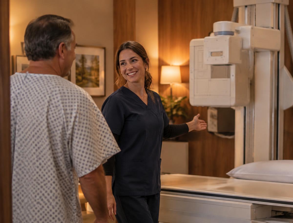 A friendly technologist welcomes a patient into a warmly lit local imaging room
