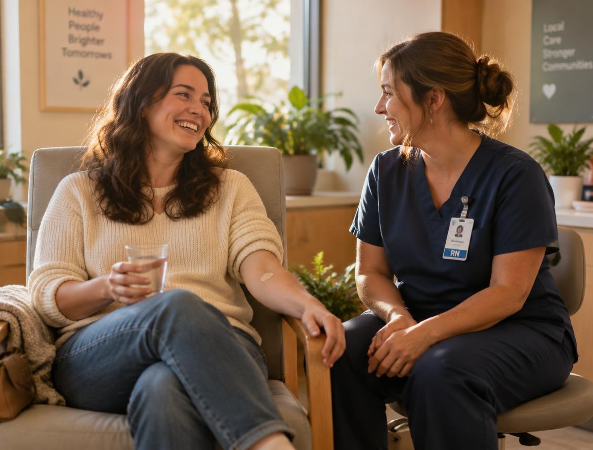 A smiling patient relaxes with a glass of water and a small bandage, chatting with a nurse after a quick lab visit